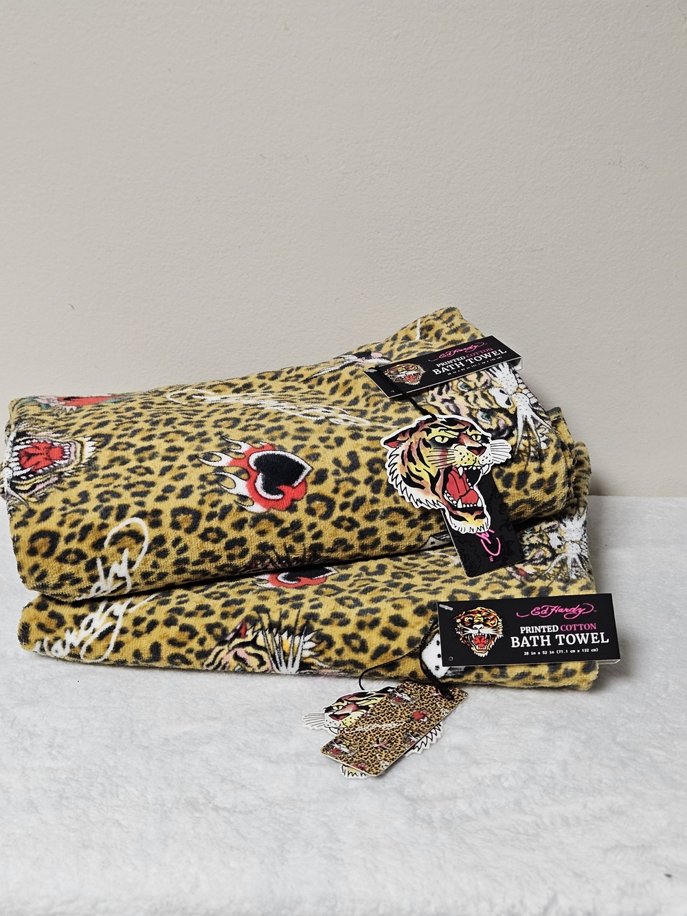 Ed Hardy Leopard Tiger TWO Bath Towels Y2K Statement